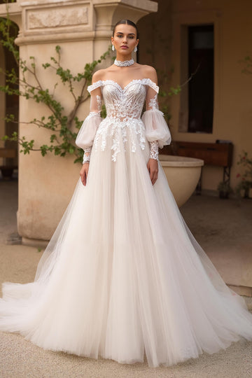 Tulle A-Line Ivory Off The Shoulder Wedding Dress With Appliques